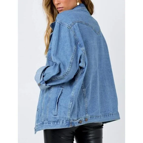 Womens Blue Oversized Vintage Denim Jacket Long Sleeve Boyfriend Casual Coat - Picture 3 of 6